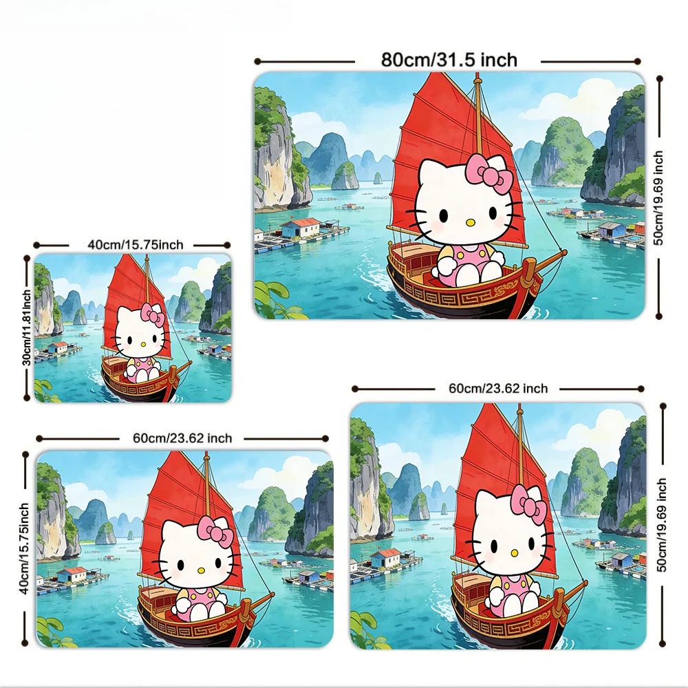 Sousplat Hello Kitty Red Sail Junk Boat Halong Bay com base de borracha antiderrapante, superfície de tecido lavável, vários tamanhos