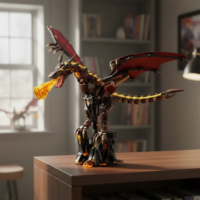 

Mythical Fire Dragon Building Blocks Set 1439PCS Light Connectable Animal Model Creative Desk Decor Gift With Elegant Box