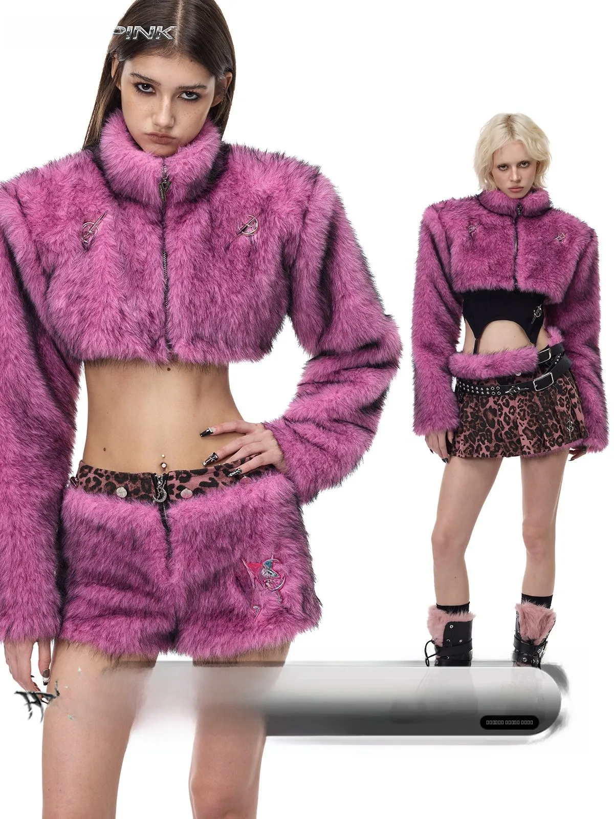 

Pinkspink26aw Оригинальная ультракороткая куртка Moon Y2K с высоким воротником, пушистая, сексуальная, для девушек, с высокой талией