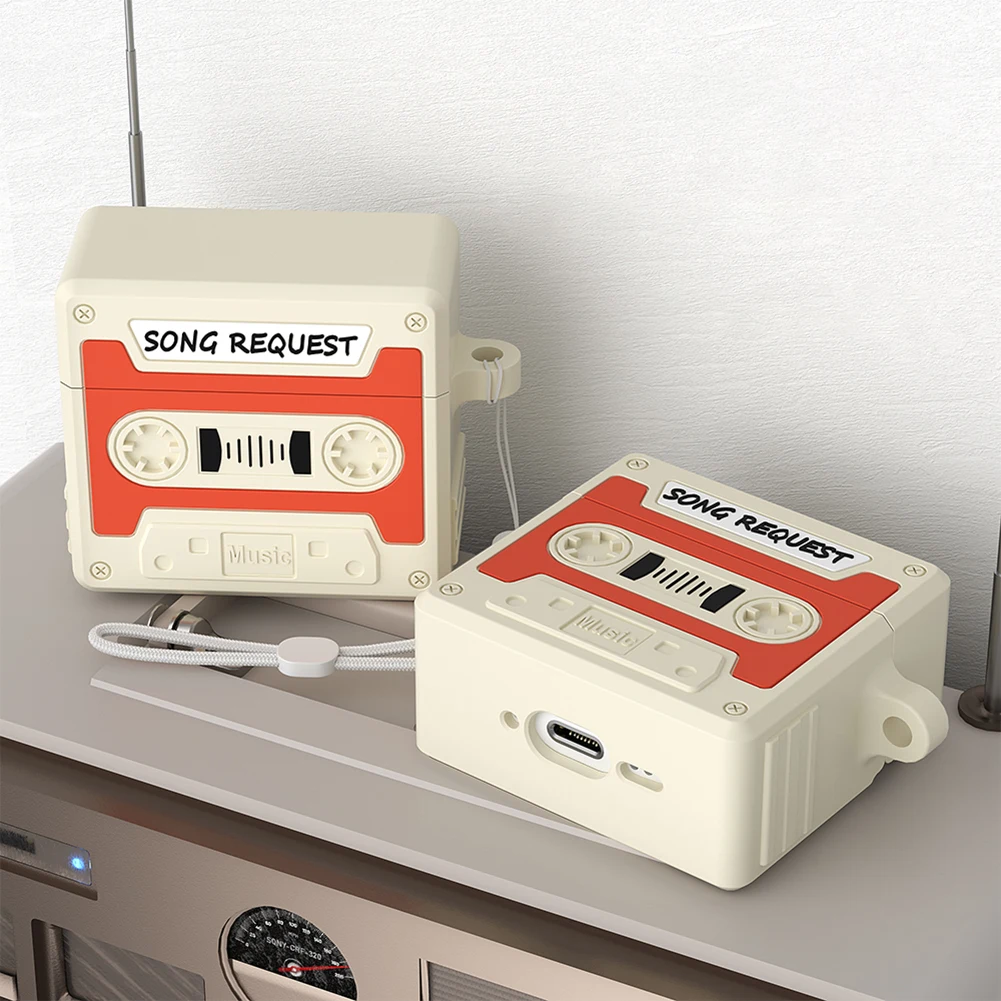 Силиконовый чехол с кассетной лентой, чехол для наушников со шнурком, мультяшный силиконовый защитный чехол для AirPods, чехол 4-го поколения