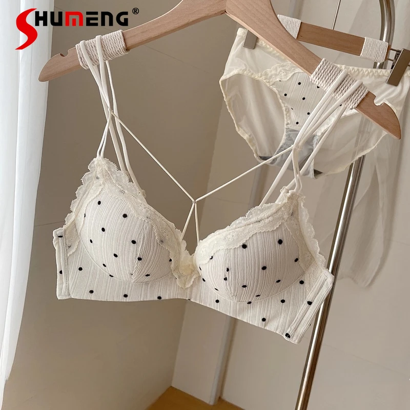 

Gentle Style Polka Dot Brief Sets Women's Japanese Chest Bra Wireless Push Up Bra Suit Female Underwear Intimates Sets