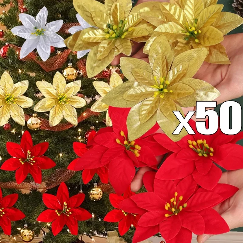 14cm Kwiaty bożonarodzeniowe Czerwona złota głowa kwiatu z klipsem Ozdoba choinkowa Dekoracje noworoczne do domu Sztuczna roślina stołowa