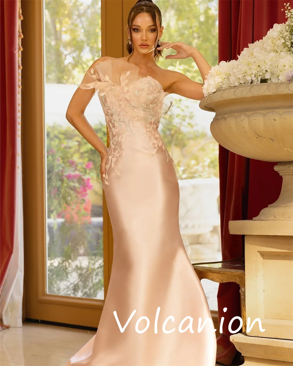 Customized Fashion Elegant Charmeuse Sequined Flower Trumpet Strapless Long Dresses Bespoke Occasion Simple