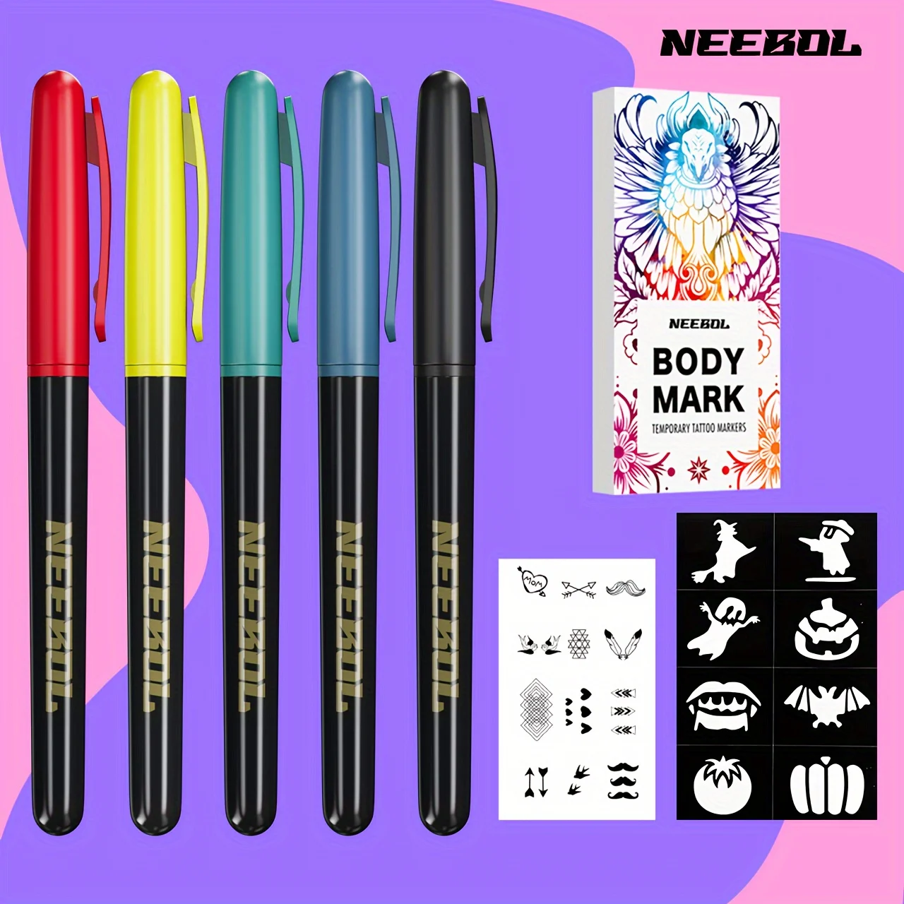 

1 комплект, временные маркеры для татуировки Body Mark для кожи, с фольгированными наклейками для татуировки и наклейками-шаблонами, разноцветная краска для DIY Mak
