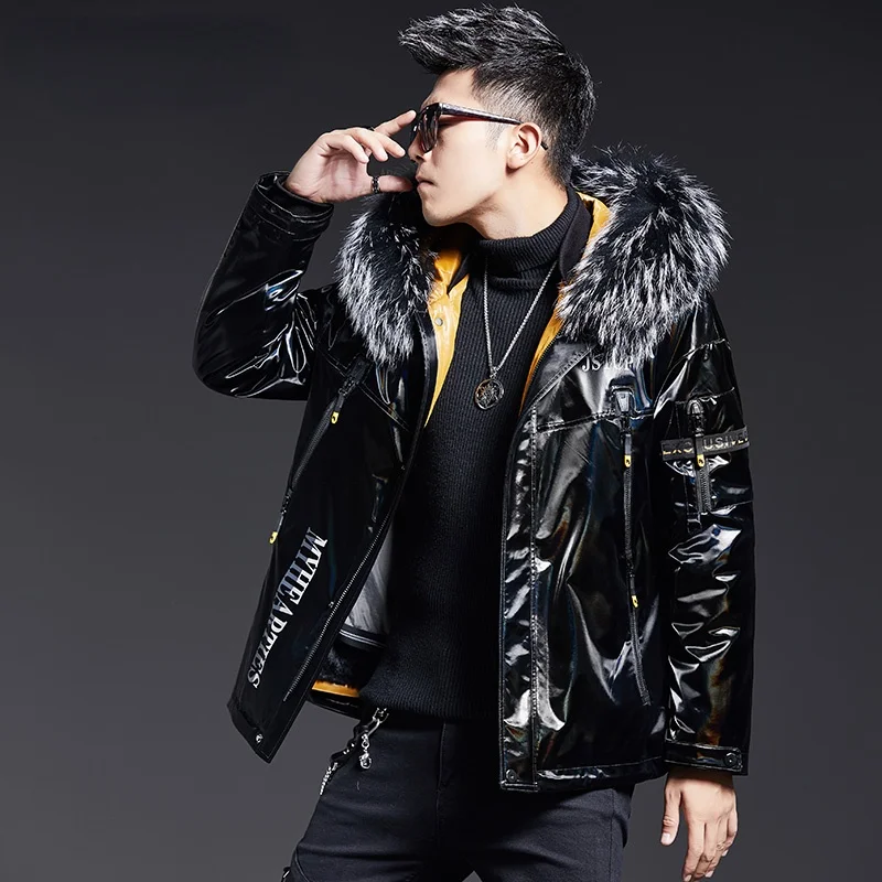 

New Winter Parka Mens Warm Real Rabbit Fur Liner Coat Hooded Youth Trendy Black Glossy Jacket Men Fashion Overcoat L - 5XL