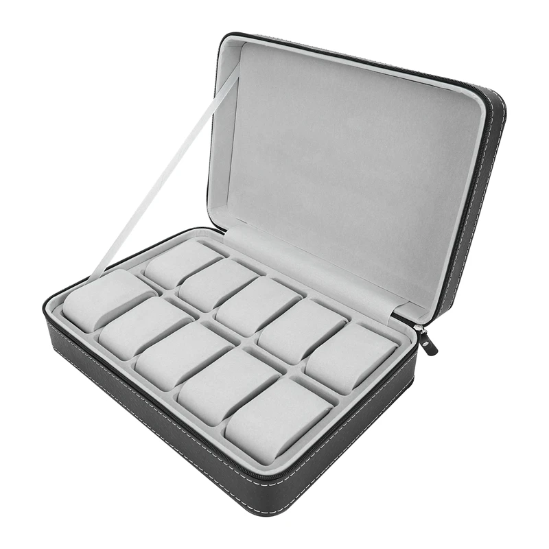 

(New)-Portable Watch Box Organizer PU Leather Casket With Zipper Classic Style 10 Grids Multi-Functional Bracelet Display Case