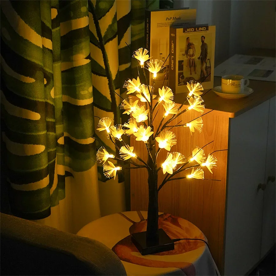 Luz LED de árbol de flores de fibra óptica, 60CM, 24 luces LED alimentadas por USB, lámpara de árbol de espíritu, luz de árbol bonsái para decoración de mesita de noche de escritorio