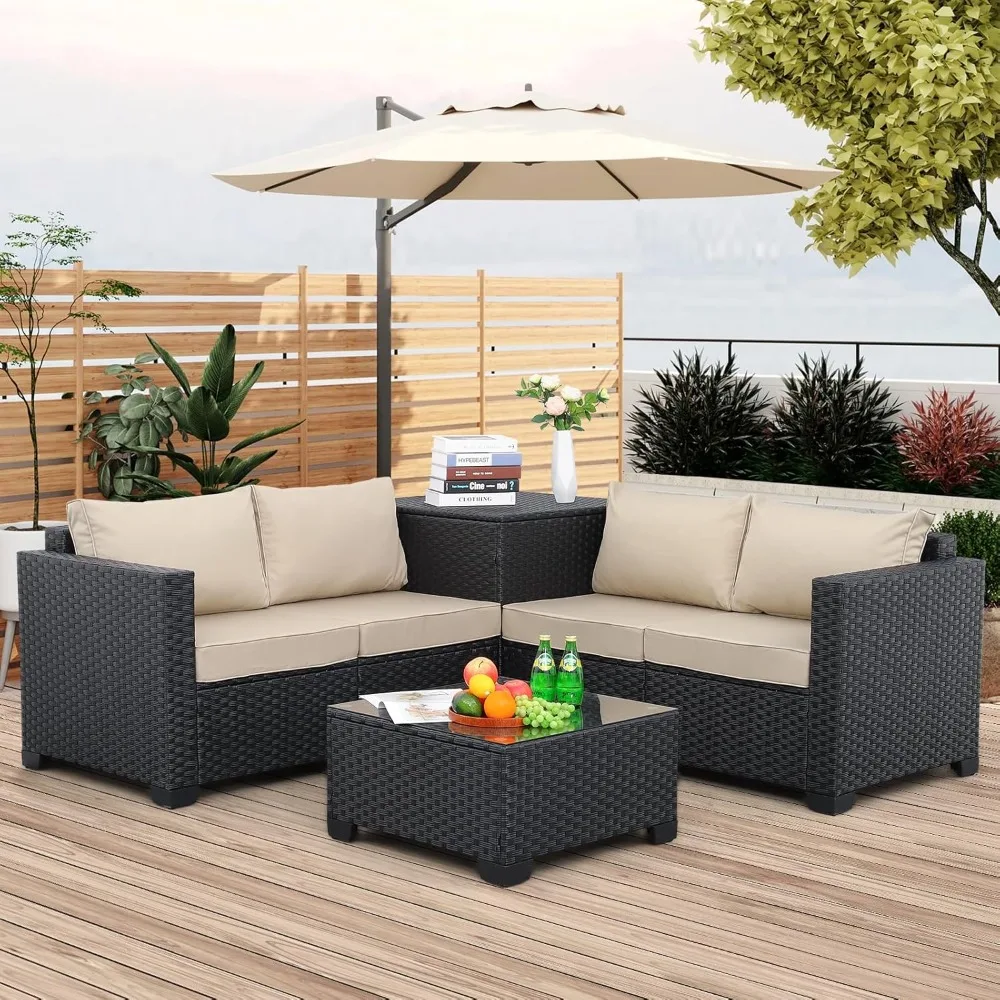 Outdoor Wicker Patio Furniture Set 4 Piece Black Rattan Sectional Sofa Conversation Couch Sets with Storage Box Glass Top Table