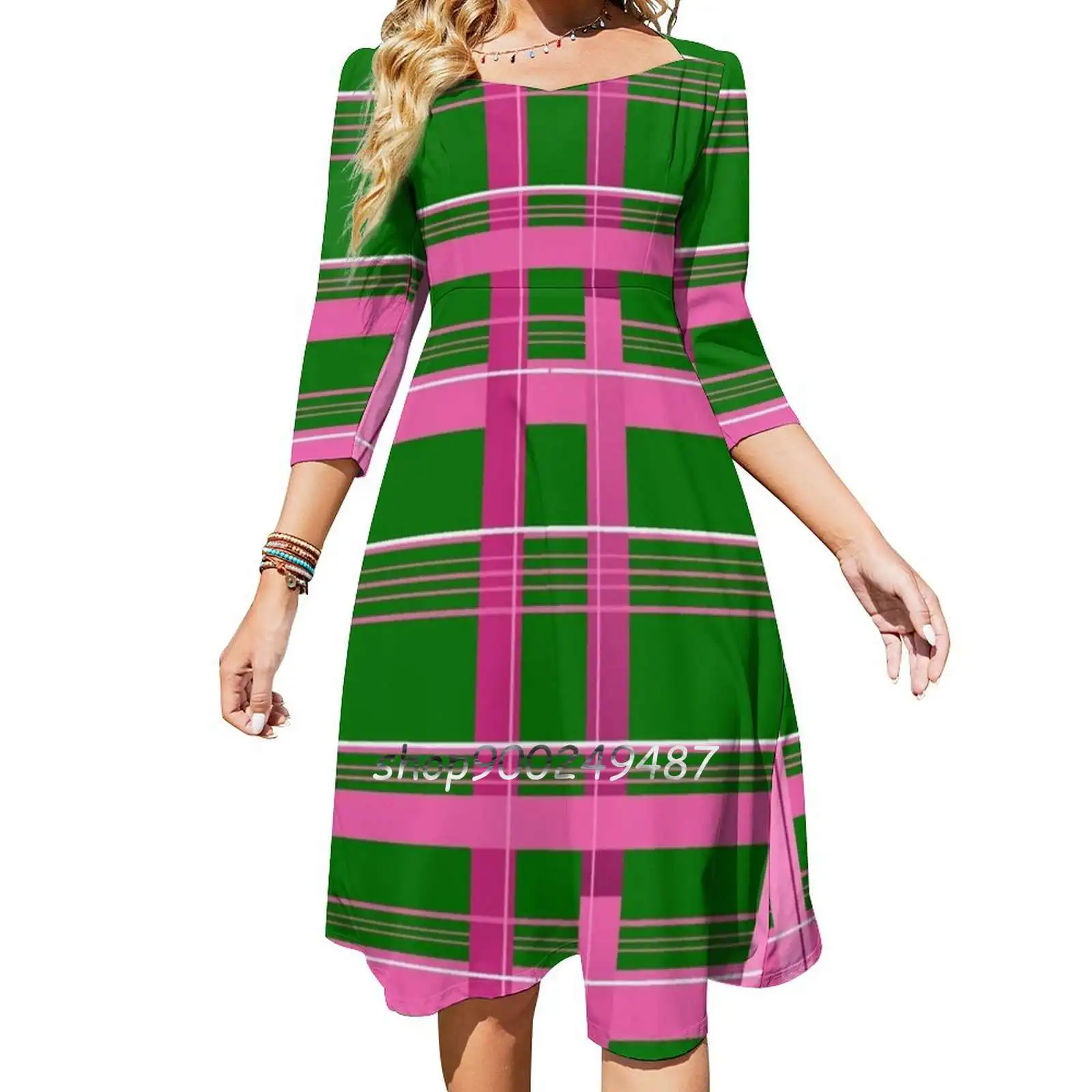 Plaid Pink , Green & White Square Neck Dress New Plus Size Elegant Women Waist Tight Dress Aka College School Colors Product