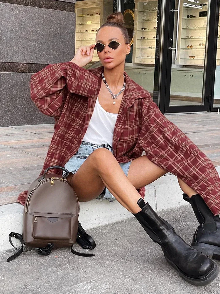 Mnealways18 Street Style Red Plaid Shirts Women Irregular Long Sleeves Oversized Blouses Autumn 2024 Loose Gingham Tops Trendy