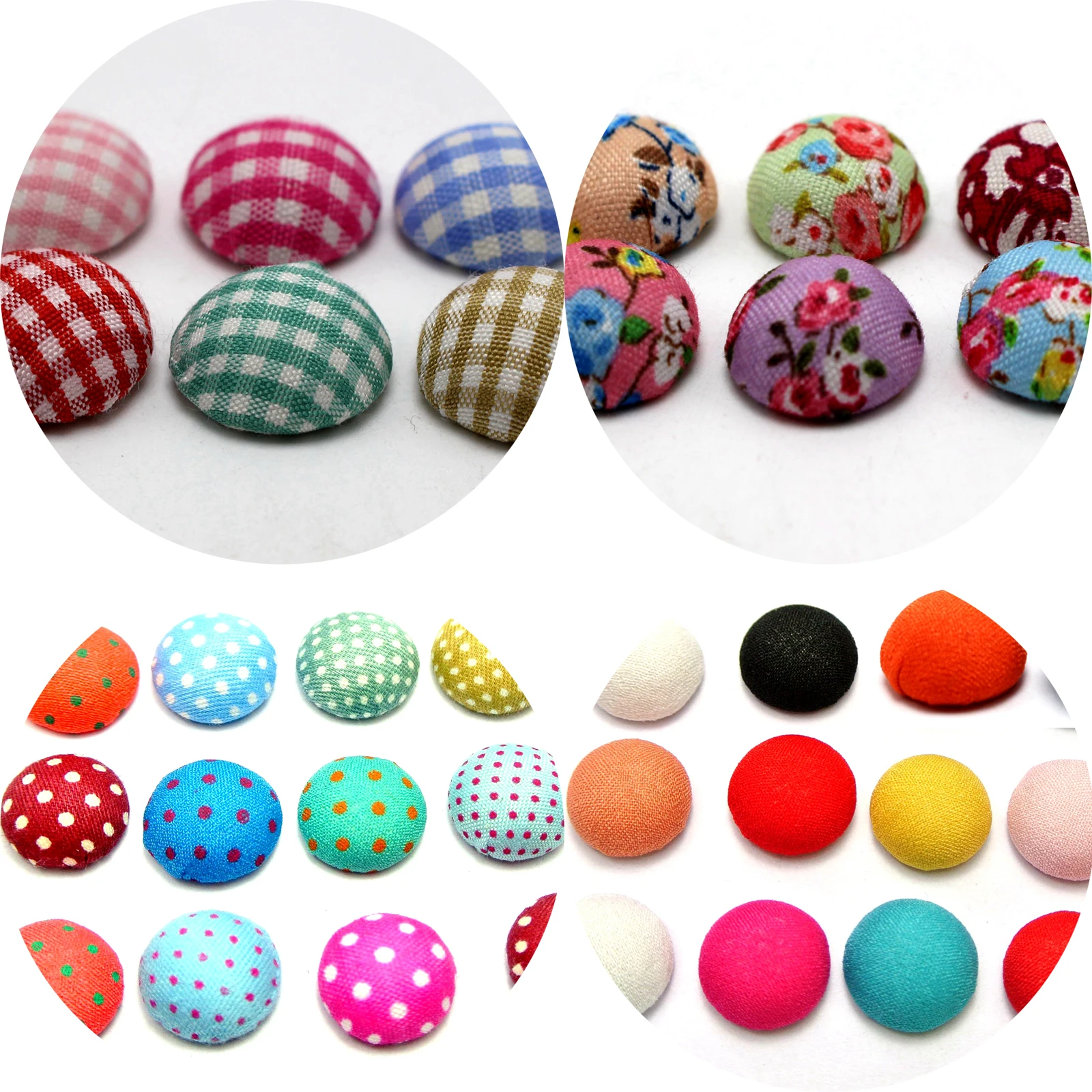 50 Mixed Color Fabric Covered Round Flatback Half Ball Cabachons 11mm 15mm Craft