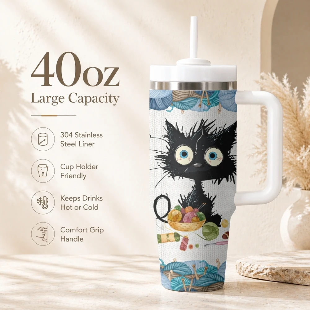 Funny Crochet Cat Vacuum Flasks 40oz Portable Stainless Steel Tumbler with Handle Straw Double Wall Insulated Leakproof Mug