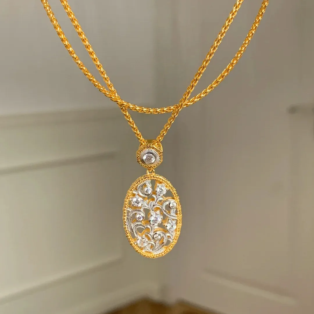 

Italian Woven Pattern Carving Gold Wire Drawing Craft, Medieval Orchid Pendant Necklace Set With Zircon Sky Blue Ring For Women