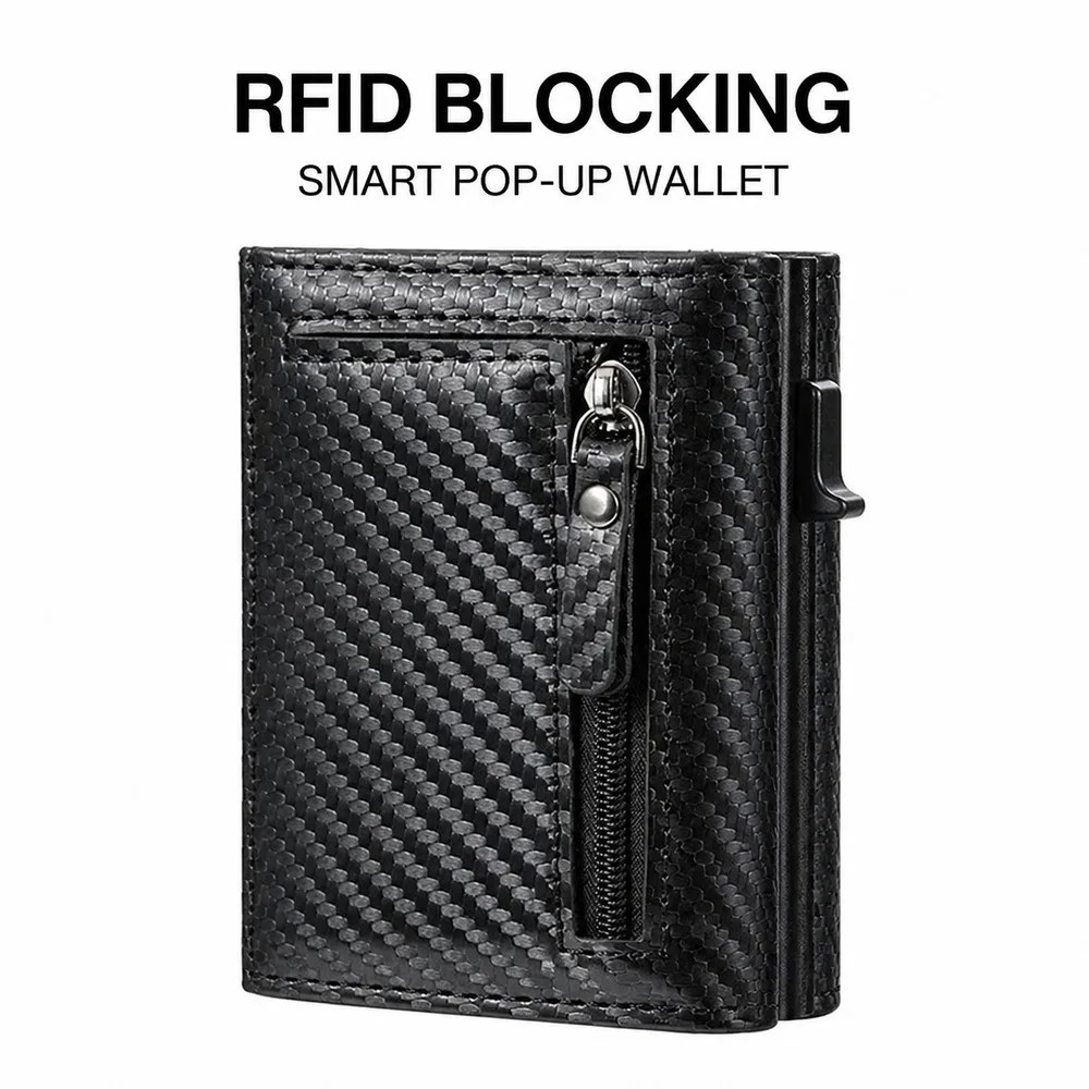 RFID Blocking Men's Wallet Carbon Fiber Pattern PU Tri-Fold Pop-Up Card Holder with Zip Coin Pocket Magnetic Closure