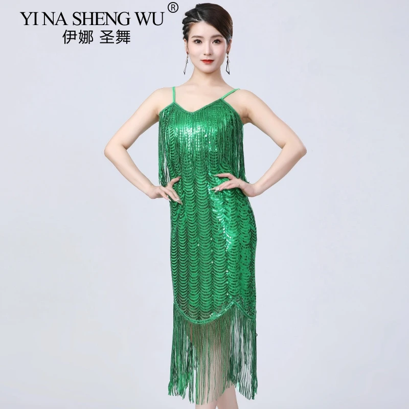 Robe de danse latine à franges pour femmes, nouvelle collection, Sexy, écharpe, paillettes, pompon, Costume de danse de salle de bal moderne, robe de Cocktail Gatsby