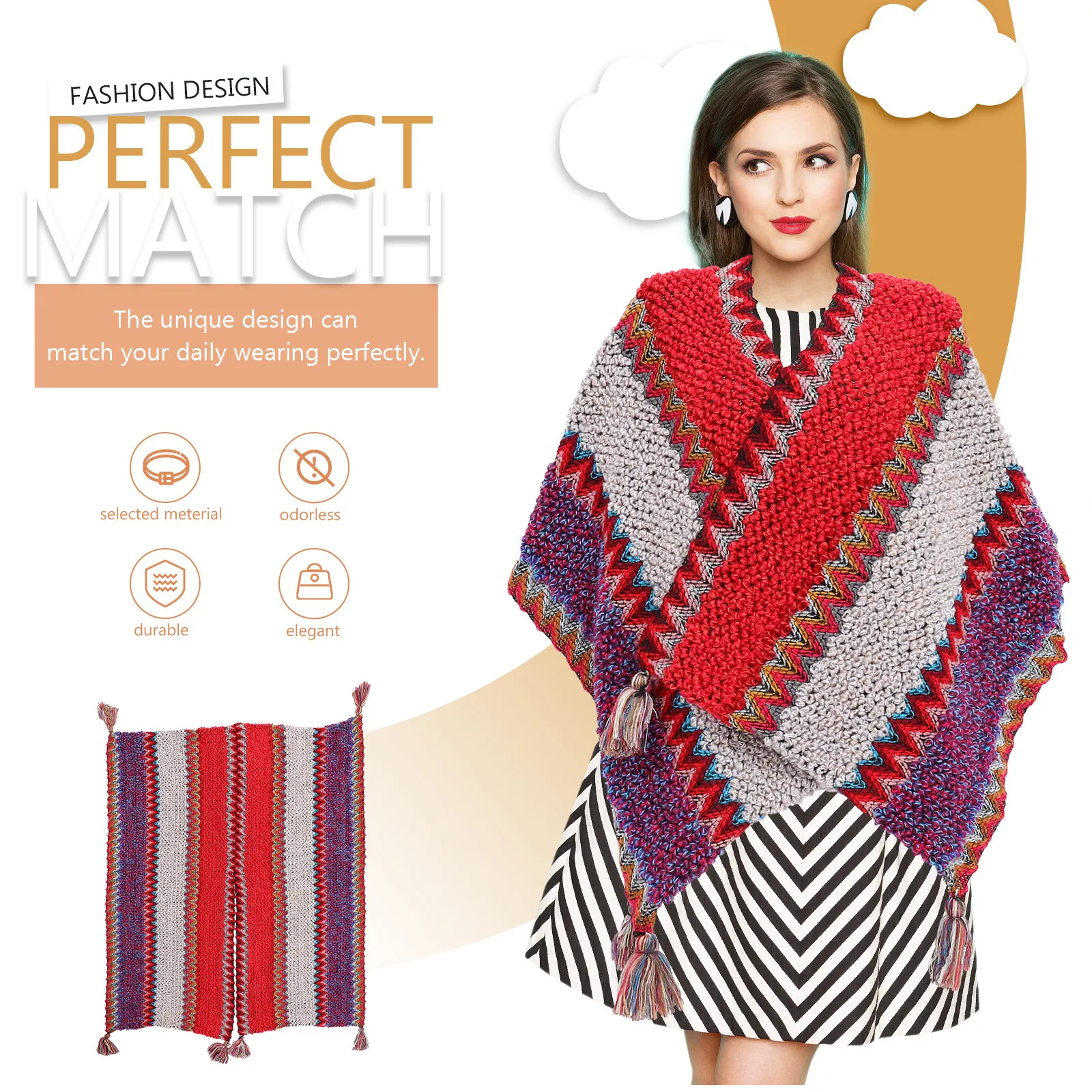 

Женская теплая шаль-накидка в этническом стиле, зимняя модная накидка с открытым передом, уютная мягкая шаль для повседневной носки и в качестве подарка