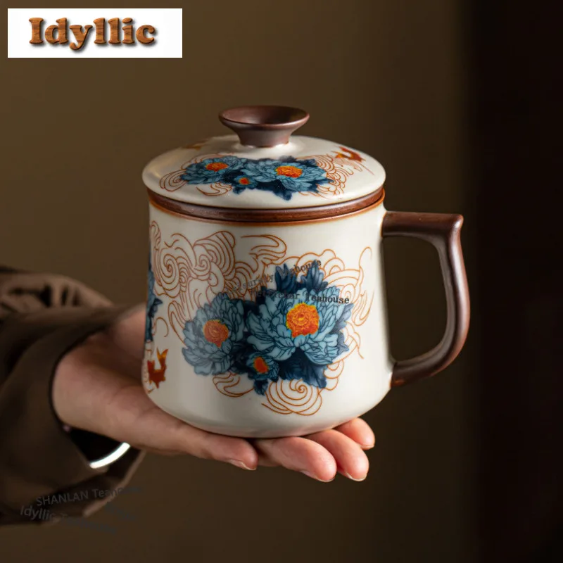 330ml Ru Kiln Hibiscus Office Cup Filter Tea Separator Cup Retro Tea Mug With Infuser Tea Maker Office Water Cup Crafts Supplies