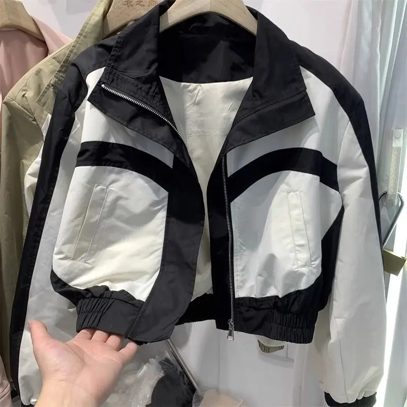 Stand Collar Color-blocking Short Jacket for Women's Spring New Slim Design Contrast Jacket