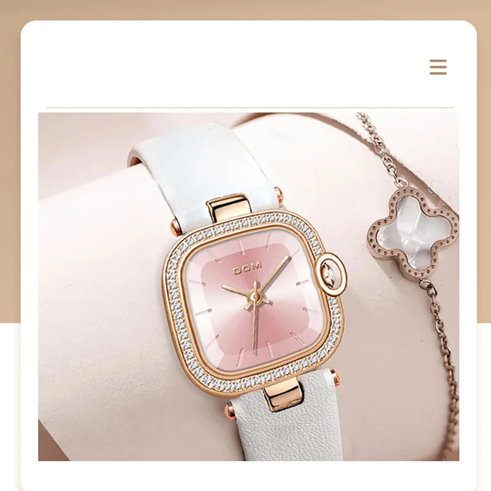 DOM New Square Simplicity Fashion Leather Brand Casual Women\'s Quartz Girl Pink Clockwise Waterproof Watch Souvenir Gift1371