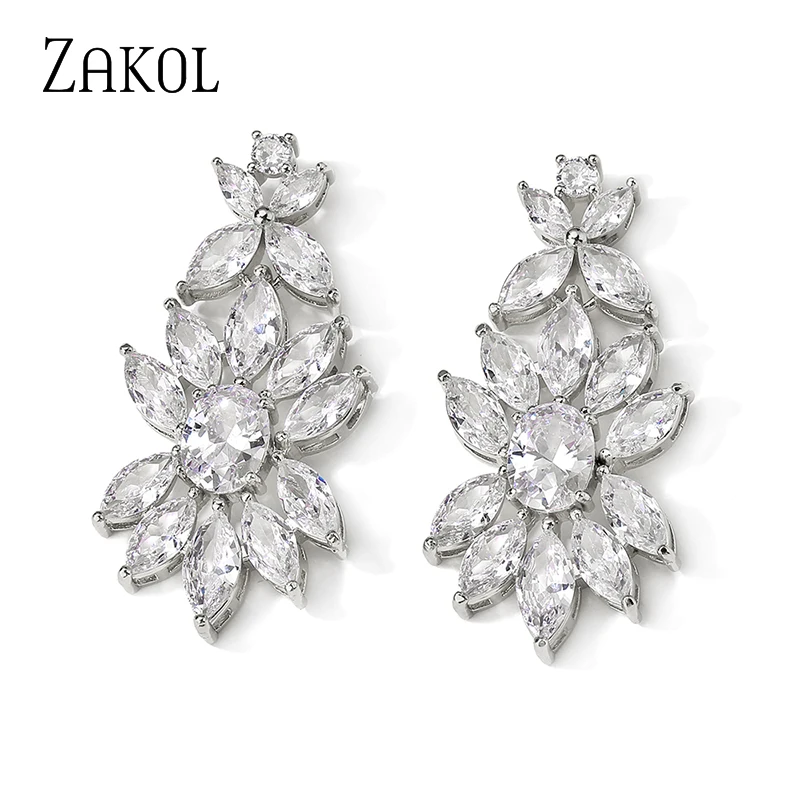 ZAKOL Luxury Rose Gold Color Leaf Dangle Earrings for Women Shinny Cubic Zirconia Bridal Earring Wedding Party Jewelry