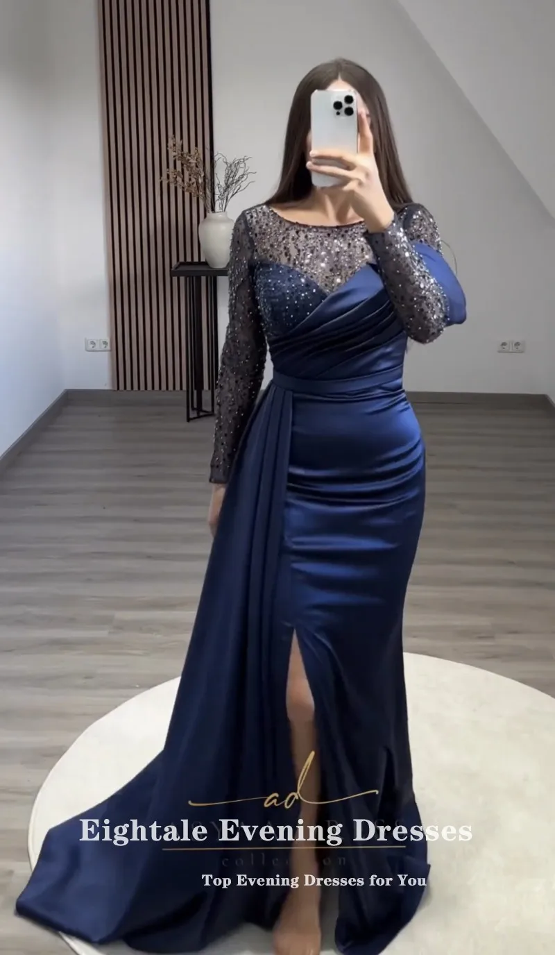 Eightale Navy Blau abendkleider für frauen Sparkly Langen Ärmeln Satin Arabisch Prom Party Kleid Hochzeit sukienki na studniówkę