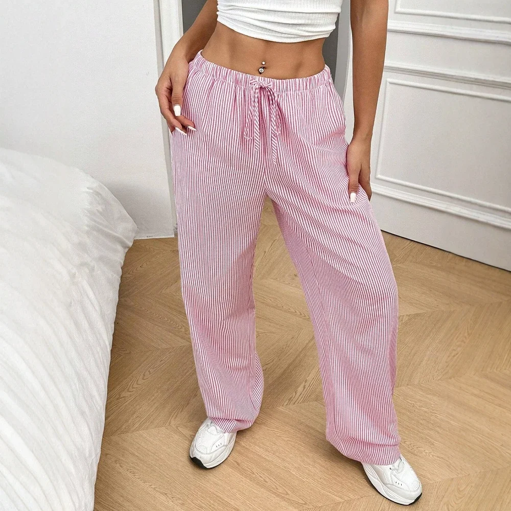 السراويل النسائية الصيف الكورية أزياء مريحة المشارب بسيطة عالية الخصر كامل طول السراويل عمال مستقيمة