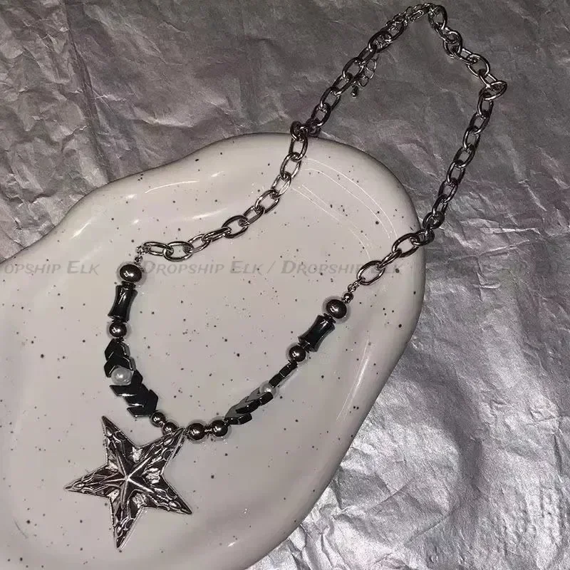 Kpop 고딕 스타 펜던트 블랙 비즈 목걸이 여성 남성 펑크 패션 단순 남여 Y2K 매력 초커 칼라 체인 쥬얼리