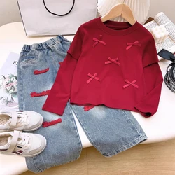 Spring Autumn Girls Clothing Set Bowknot Detachable SleevesTop+Letter Print Wide Leg Jeans 2Pcs For 3-10Y Girls Fashion Outfit