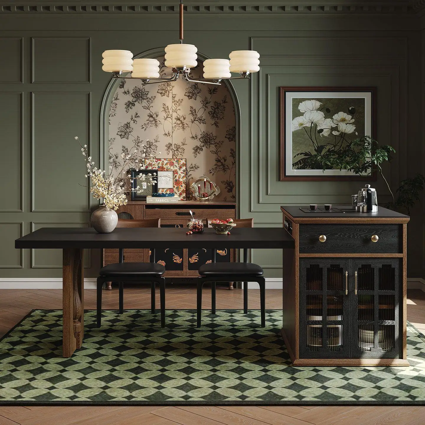 Vintage-style island dining table integrated extendable home sintered stone solid wood island table