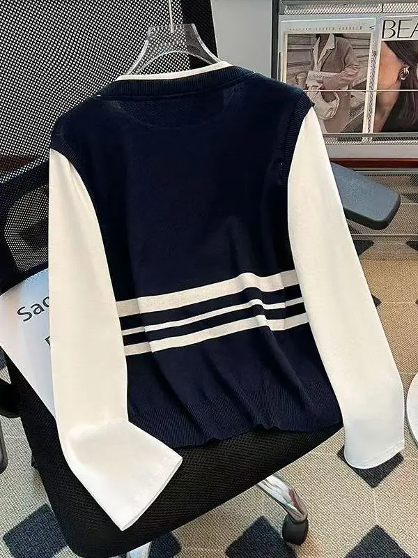 الراقية الأوروبية Sle مخطط تريكو المرأة قاعدة اللون Blo College Sle طويل Sve مطاطا جولة Ne ملابس يومية