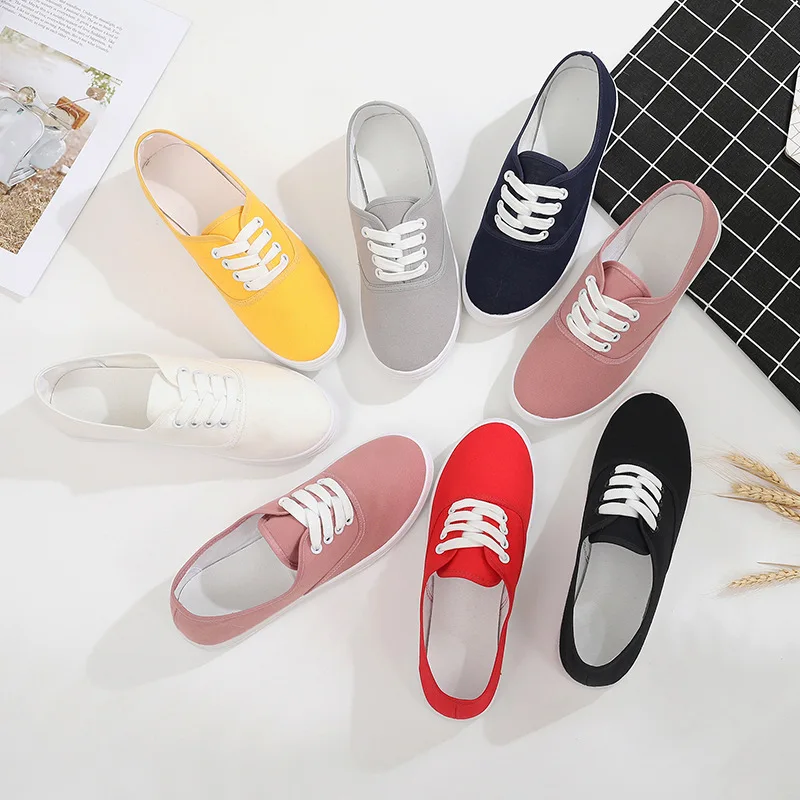 2022 Lace-up Canvas Vulcanized Shoes Korean White Red Student Women Casual Flats Female Loafers Without Heels Women\'s Sneakers