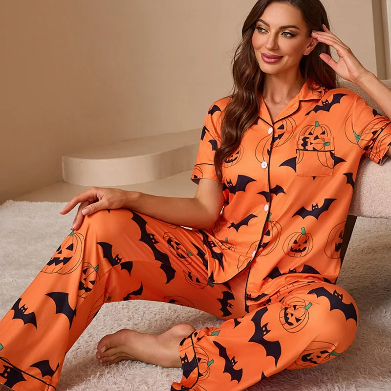 

Halloween Print Cardigan Sleepwear Set for Women Short Sleeve Shirt And Long Pants Home Comfort Fashionable Female Pajamas