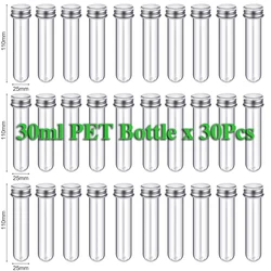 Botella de tubo de ensayo PET de 30 piezas, botella cilíndrica de plástico transparente recargable para mascarillas, línea de datos de dulces, 25x110mm, 30ml