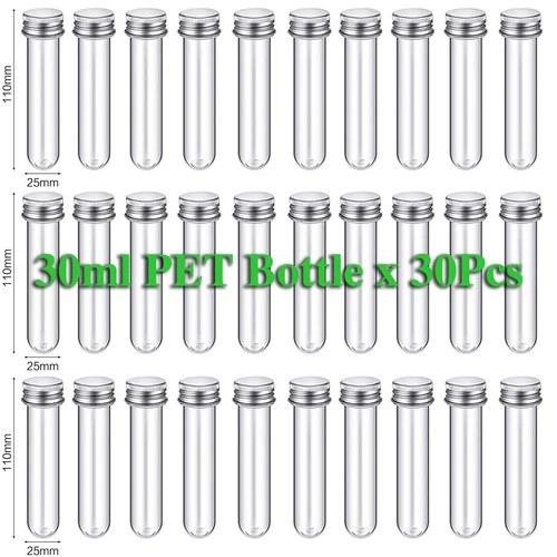 Imagen 1 del producto 30 Uds laboratorio 30ml botella de tubo de ensayo PET botella rellenable de plástico cilíndrico transparente para máscara línea de datos de dulces 25*110mm