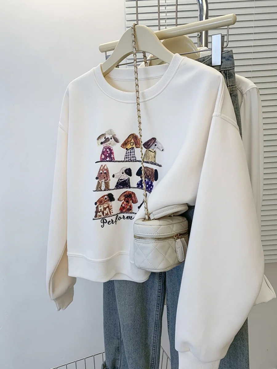 

Korean Sle Casual Cartoon Print round Ne Sweatirt Women's Autumn Winter New Loose Age-Defng Versatile Top