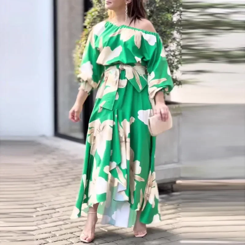 Temperament Elegant Woman Dress Commuter Print Lantern Sleeve Maxi Dresses for Women Belt Lace Up A-line Dress Summer Vestido