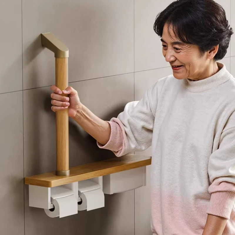 Toilet Rails for Elderly Safety Anti-drop Solid Wood Toilet Get Up Handrail with Tissue Box Toilet Safety Grab Bars for Bathroom