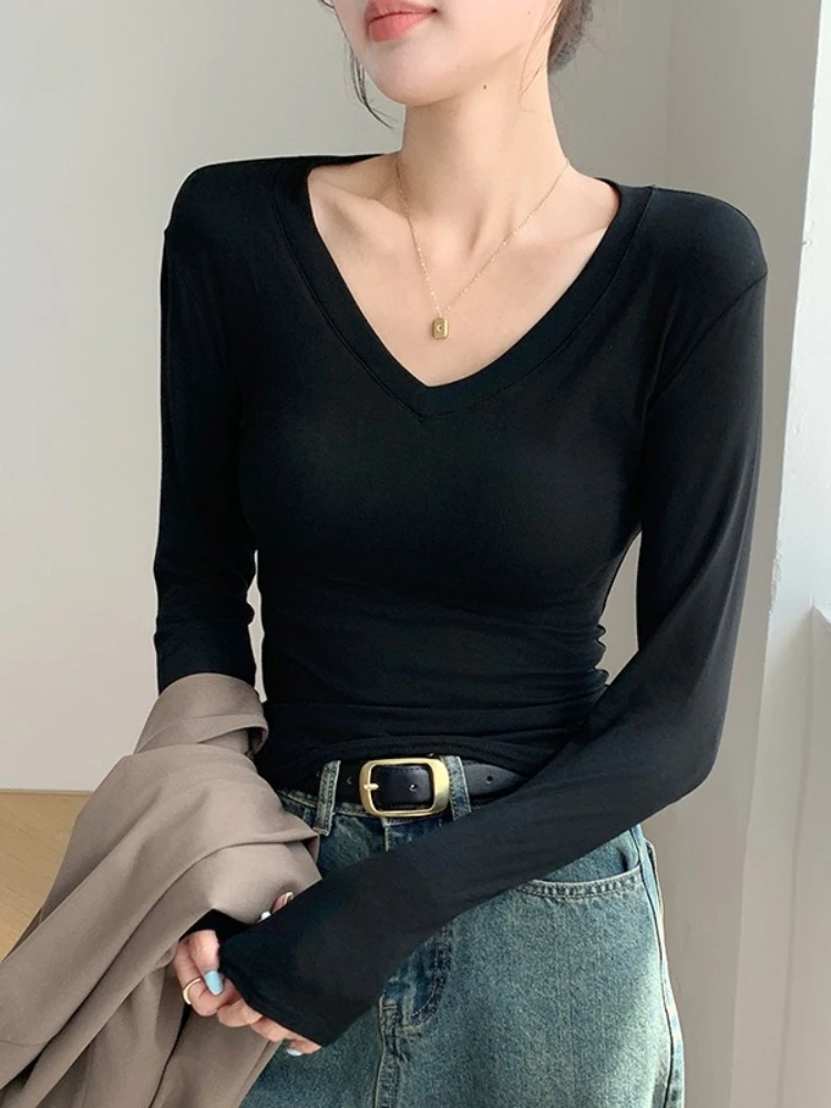 Spring Autumn Female Knit V-neck T-shirt Self-cultivation Thin Bottoming Long Sleeve Drawstring Tops Shirts for Women Clothing