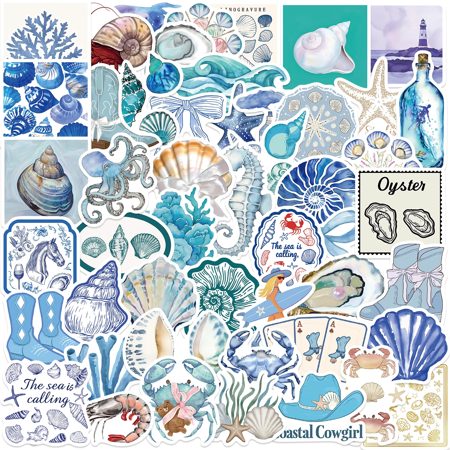 50PCS The Coastal Girl Stickers Skateboard Notebook Luggage Phone Car Sticker Toy Kawaii Cartoon Shell Crab Shrimp Decals