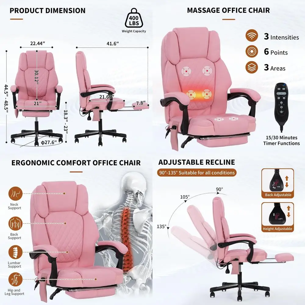 

Эргономичное кресло с высокой спинкой, функцией раскладывания, подогревом и вибрацией, удобное для высоких и крупных людей, выдерживает до 180 кг, розовая искусственная кожа