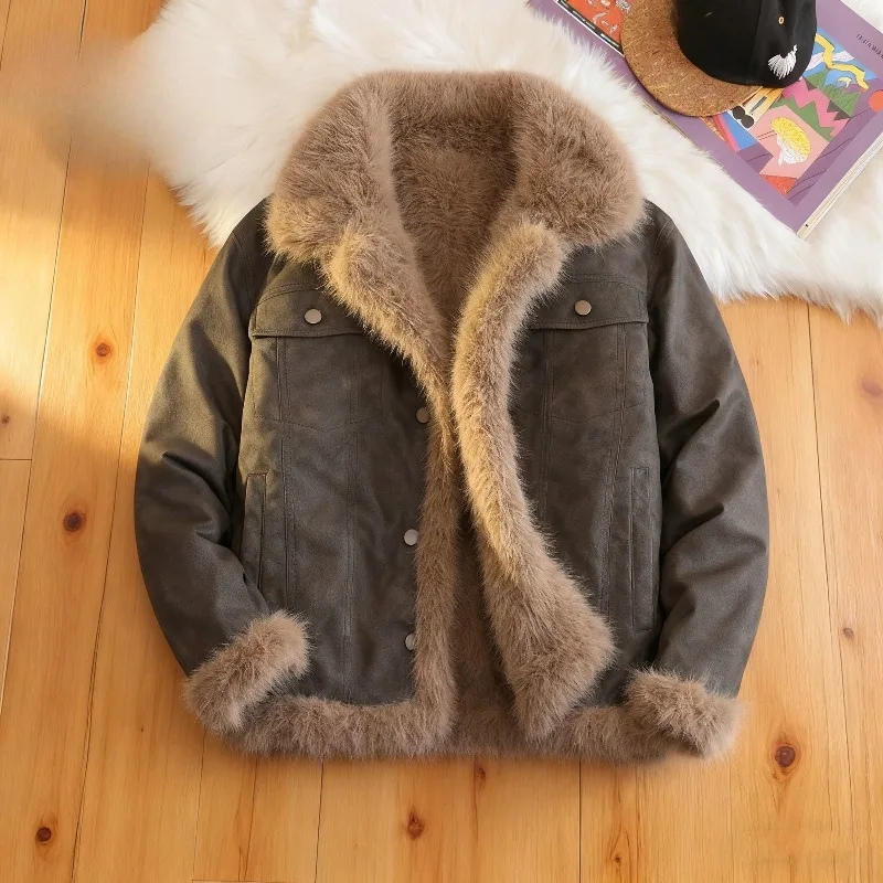 

New Men's Winter Coat Thickened Sides Double-sided Warm Faux Fur Leather Jacket Fashionable and Warm Coat Simple Trendy Overcoat