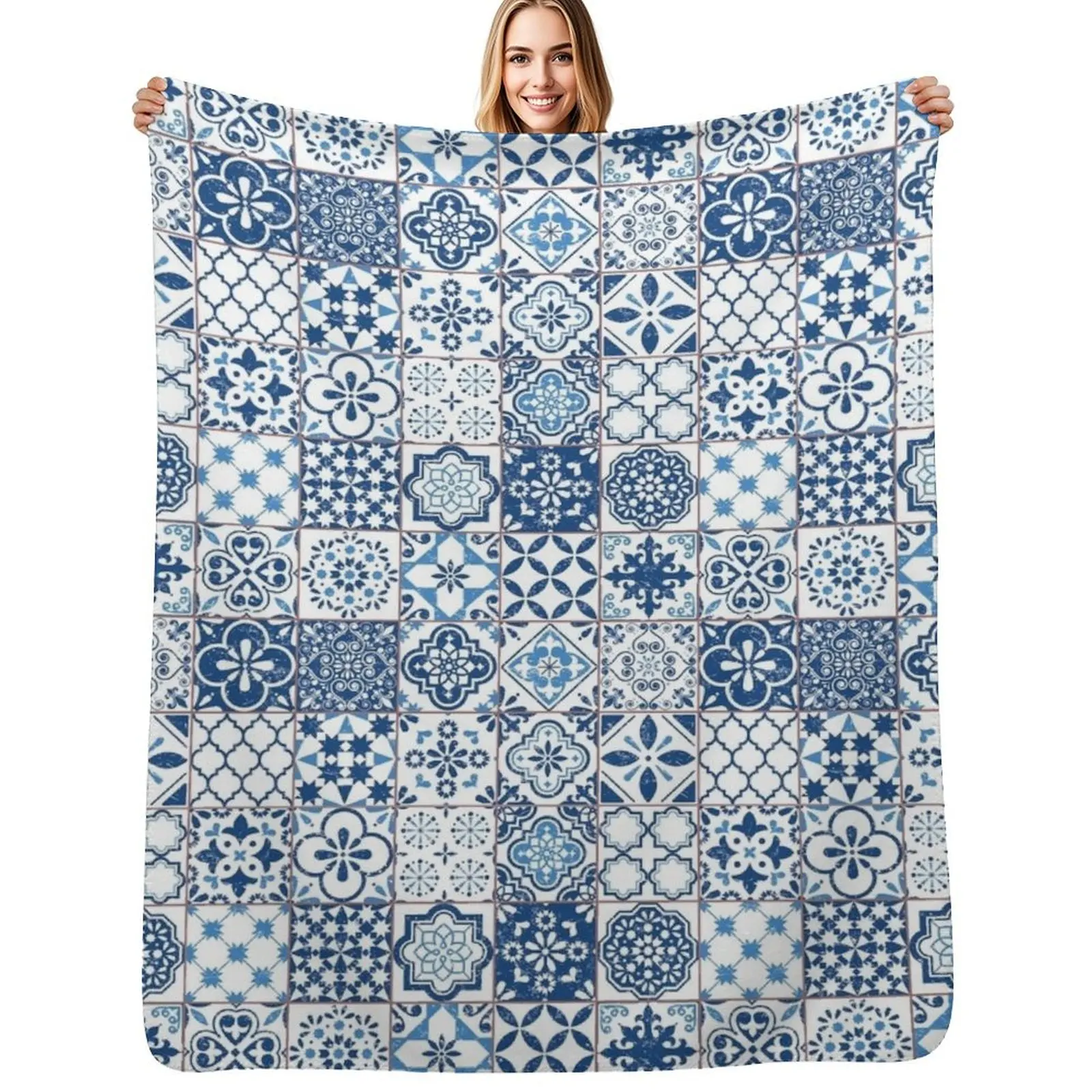 

Portuguese Azulejos Throw Blanket Foldable Soft Warm Blanket for Outdoor Use