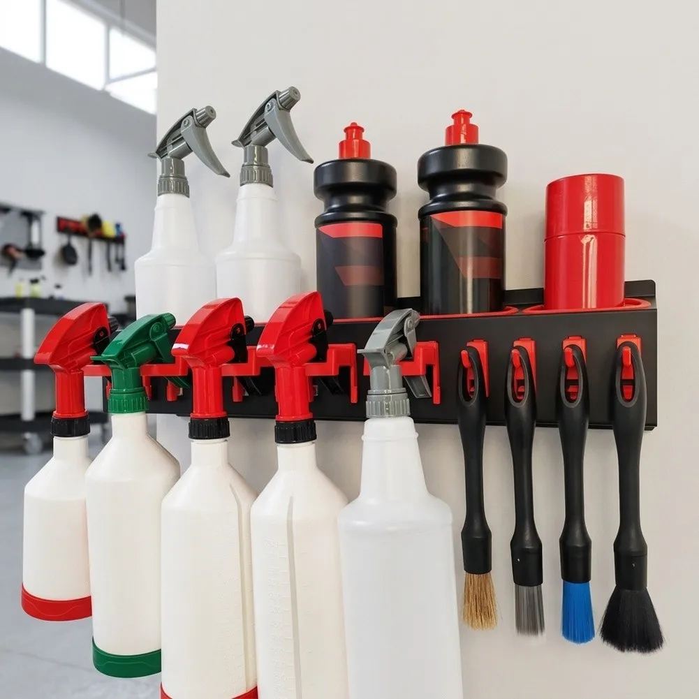 Wall Mounted Detailing Supply Organizer Cold Rolled Steel Construction 53 cm Long 5 Bottle Positions 5 Tool Hooks