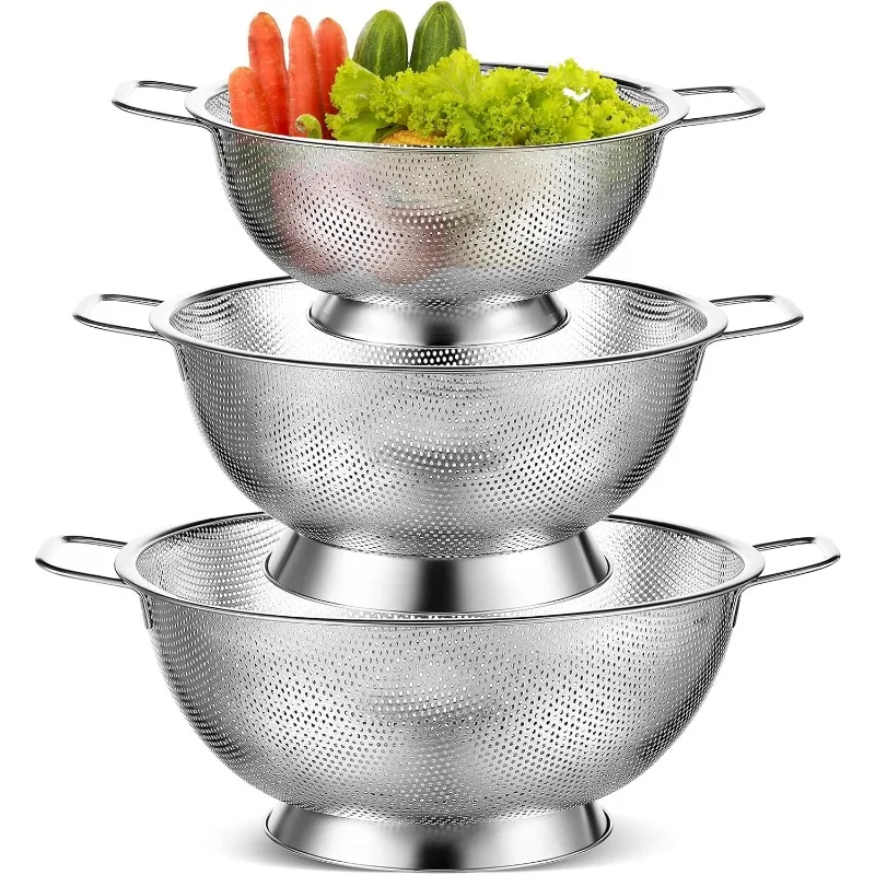 3 Pcs Stainless Steel Colander Set Colander Bowl and Sieves 1/3/5 Quart Metal Mesh Strainer Net Basket