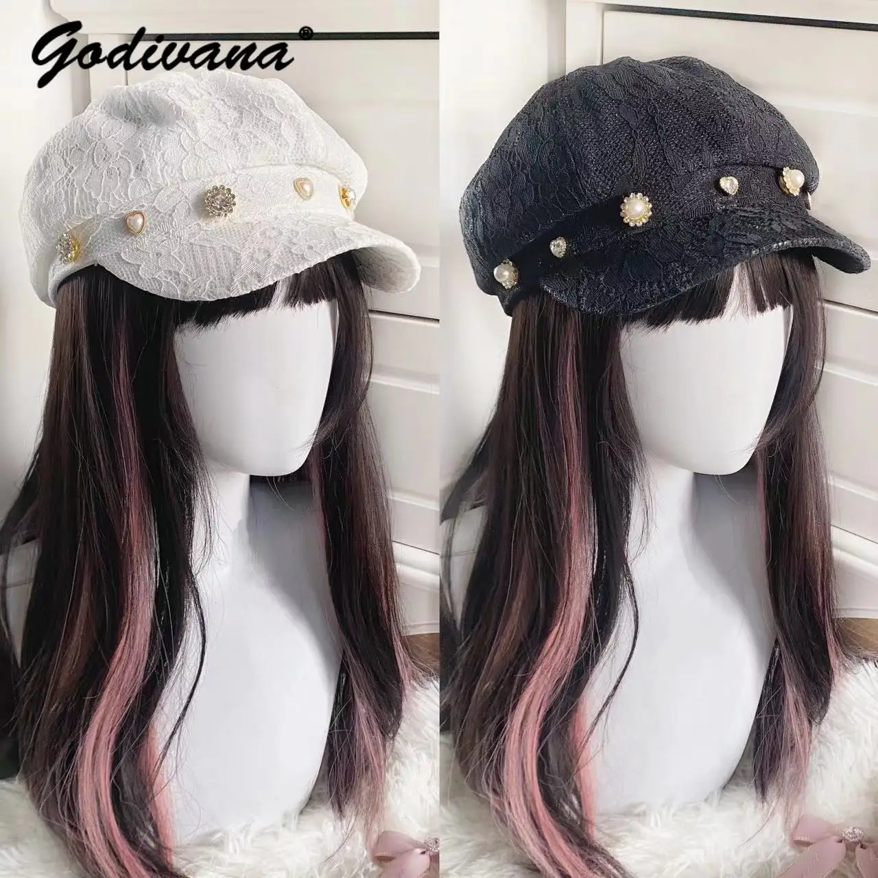 

Mine-Style Mass-Production Rhinestone Love Lace Octagonal Cap 2024 Spring Summer Japanese-Style Subculture Lace Beret Black Caps