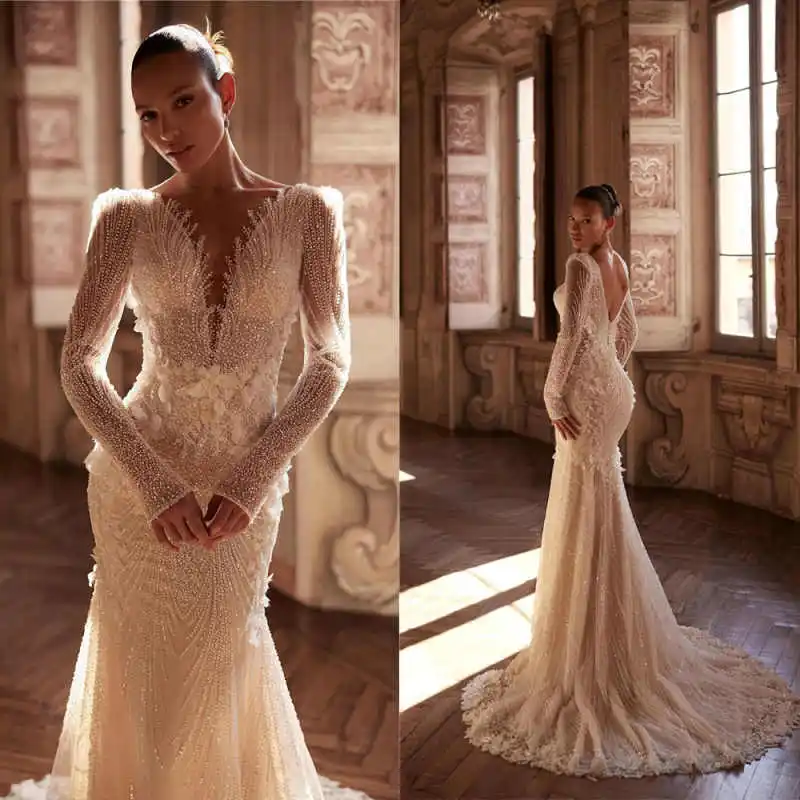 

Princess Beaded Mermaid Wedding Dresses Deep V Neck Long Sleeve Bridal Gowns 3D Flowers Customized Vestidos De Novia