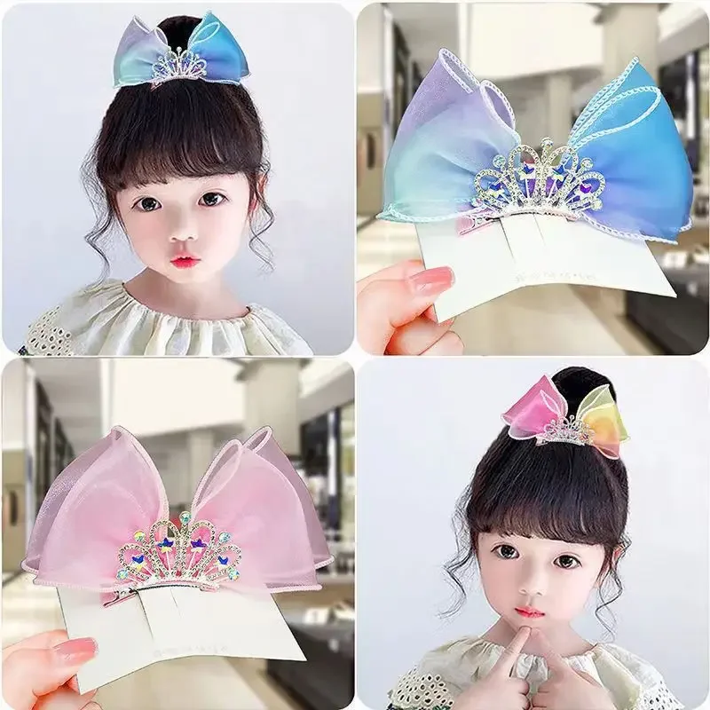 Cartoon Cute Children's Bow Hair Clip Crown Hair Clip Three-Dimensional Mesh Headband One Word Clip Girl's Gift