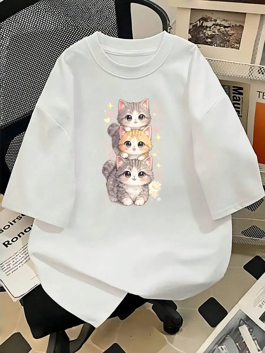 Cute Kittens Men'S T-Shirt Adorable Fluffy Cat Stack Print Pattern, Pure, Premium Print, Durable