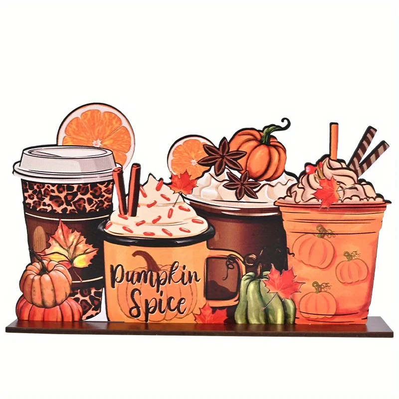 1pc, Thanksgiving Day Fall Autumn Drink Coffee Ice Cream Lemon Pumpkin Wooden Splicing Desktop Ornament, Home Holiday Decor