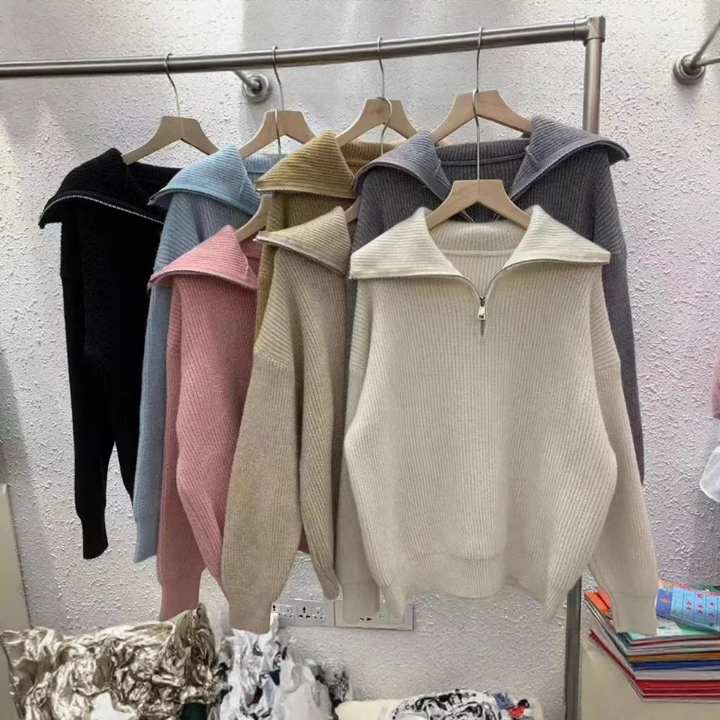 

Новинка осени и зимы, свободный однотонный однотонный вязаный свитер с длинными рукавами и полумолнией, женская зимняя одежда